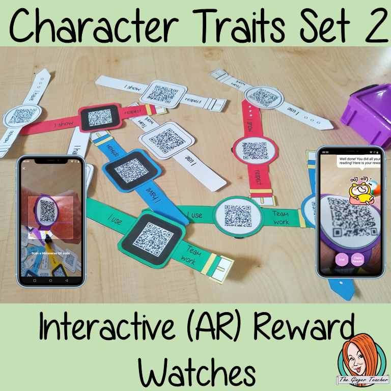 Interactive Character Traits set 2 Reward watches (Brag Tags) download the free Metaverse AR app Scan the code and a fun character will appear to congratulate the kids! Each tag has AR reward that the children collect also the option to take a reward selfie these reward watches can be printed and used in your classroom to encourage good character traits. They are great to give out to the children to create a fun classroom environment. #bragtags #rewardtag #awardtags #backtoschool