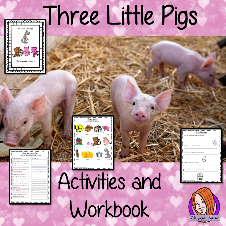 The Three Little Pigs 21 page workbook children will fill in missing words activity to help the class remember the order Side by side support page to help children rewrite the story changing parts Other activities create wanted posters answer comprehension questions, word search book review, drawing & coloring  Word bank with pictures & story scenes with characters to retell the story with props. Encourages kids to think about the story, to remember story points & to encourage own literacy