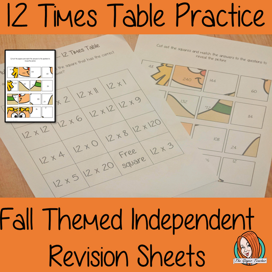 Fall Themed Independent Multiplication Revision Sheets 12x No Prep independent revision activity for the twelve times tables. Children have to cut out and stick the correct answer to the question square, when the correct squares are all in place a fall themed picture will be revealed. #teachmultiplication #revisemultiplication #twelvetimestables #noprep #mathsworksheets