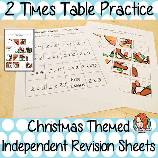 Christmas Themed Independent Multiplication Revision Sheets 2x No Prep independent revision activity for the two times tables. Children have to cut out and stick the correct answer to the question square, when the correct squares are all in place a christmas themed picture will be revealed. #teachmultiplication #revisemultiplication #twotimestables #noprep #mathsworksheets