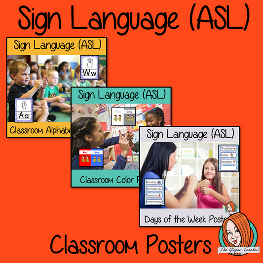Sign Language ASL Classroom Posters Bundle Three sets of posters with the Alphabet, Colors and Days of the Week and the corresponding sign in American Sign Language These are great for decorating your classroom or for using as flash cards to teach children the signs.#asl #signlanguage #classroom