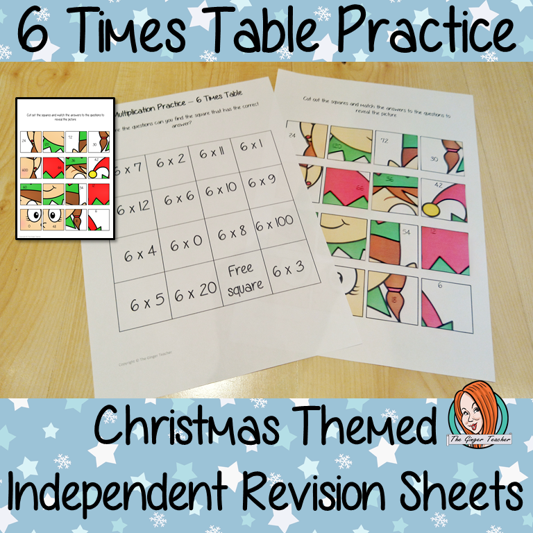 Christmas Themed Independent Multiplication Revision Sheets 6x No Prep independent revision activity for the six times tables. Children have to cut out and stick the correct answer to the question square, when the correct squares are all in place a christmas themed picture will be revealed. #teachmultiplication #revisemultiplication #sixtimestables #noprep #mathsworksheets