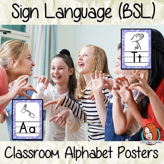 Sign Language BSL Classroom Posters 24 Posters with letters of the alphabet and the corresponding sign in British Sign Language These are great for decorating your classroom or for using as flash cards to teach children the signs for the letters. #asl #signlanguage #classroom
