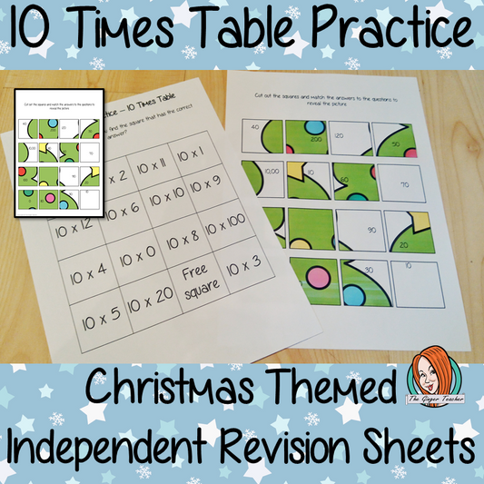 Christmas Themed Independent Multiplication Revision Sheets 10x No Prep independent revision activity for the ten times tables. Children have to cut out and stick the correct answer to the question square, when the correct squares are all in place a christmas themed picture will be revealed. #teachmultiplication #revisemultiplication #tentimestables #noprep #mathsworksheets