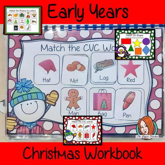Early Years Christmas Workbook Christmas Workbook and Activities for EYFS, Kindergarten and Pre-K This maths phonics writing reading resource is 42 page book to develop children’s daily skills for preschool or special needs. Learning include matching letters numbers colors There are pages to help with handwriting & reading of CVC words. Great for classroom or home learning. This is great to encourage thinking about words, numbers and colors, to help remember the alphabet
