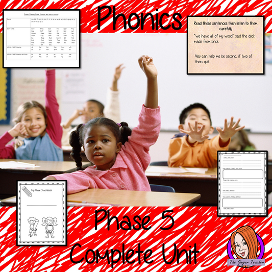 Phonics  Phase 5 Complete Unit of Lessons this download includes three weeks of phonics lessons for phase 5. Fifteen full lessons each with PowerPoints, lesson structure and workbook pages. Tricky sight words and high frequency words are practiced alongside the sounds and sound words. Audio is included in the PowerPoints to allow children to practice writing. Each lesson has silly sentences to make the learning fun. #teaching #phonics #reading #phase5 #jollyphonics #phonicslessons #lessons