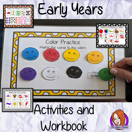 Early Years Workbook & Activities EYFS, Kindergarten This maths phonics writing reading resource is 50 page book to develop children’s daily skills for preschool or special needs. Learning include matching letters numbers colors animals fruit. There are pages to help with handwriting & reading of CVC words. Great for classroom or home learning. This is great to encourage thinking about words, numbers and colors, to help remember the alphabet and encourage creative development. 