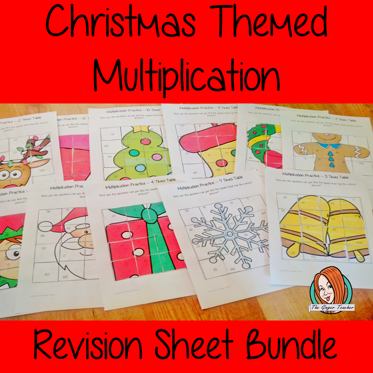 Christmas Themed Independent Multiplication Revision Bundle No Prep independent revision activities for the two up to twelve times tables. Children have to cut out and stick the correct answer to the question square, when the correct squares are all in place a Christmas themed picture will be revealed. #teachmultiplication #revisemultiplication #twelvetimestables #noprep #mathsworksheets
