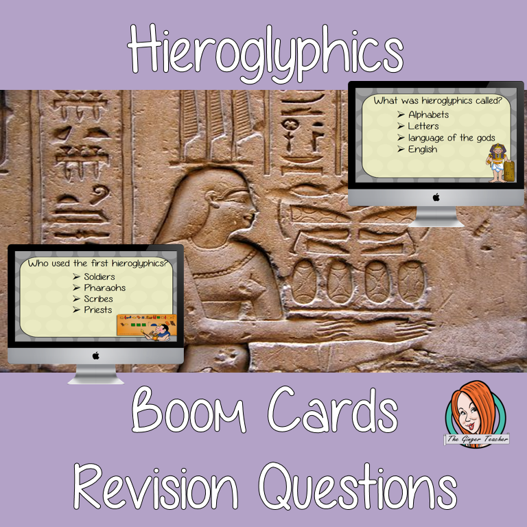 Hieroglyphics Revision Questions  This deck revises children’s knowledge of Hieroglyphics. There are multiple choice revision questions to check children’s understanding. These question cards are self-grading and lots of fun!