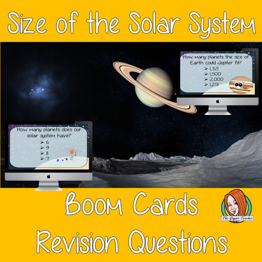 Size of the Solar System Revision Questions  This deck revises children’s knowledge of Size of the Solar System. There are multiple choice revision questions to check children’s understanding. These question cards are self-grading and lots of fun!   