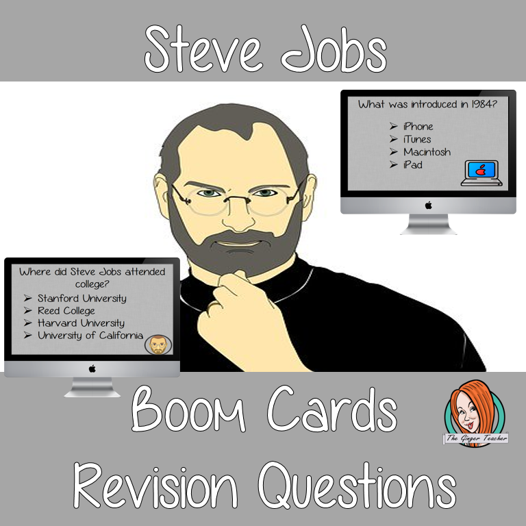 Steve Jobs Revision Questions  This deck revises children’s knowledge of Steve Jobs. There are multiple choice revision questions to check children’s understanding. These question cards are self-grading and lots of fun!