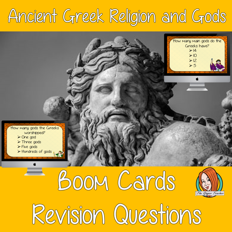 Ancient Greek Religion and Gods Revision Questions  This deck revises children’s knowledge of Ancient Greek Religion and Gods. There are multiple choice revision questions to check children’s understanding. These question cards are self-grading and lots of fun!