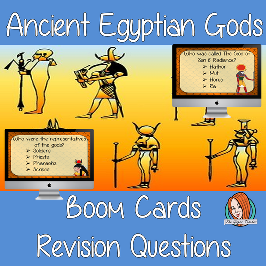 Egyptian Gods Revision Questions  This deck revises children’s knowledge of Egyptian Gods. There are multiple choice revision questions to check children’s understanding. These question cards are self-grading and lots of fun!