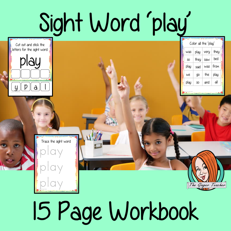 Sight word ‘play’ 15 page workbook. Contains pages to learn the fry sight word ‘play’, for learning the high frequency words. Contains handwriting practice, word practice, spelling and use in sentences. #sightwords # frywords #highfrequencywords
