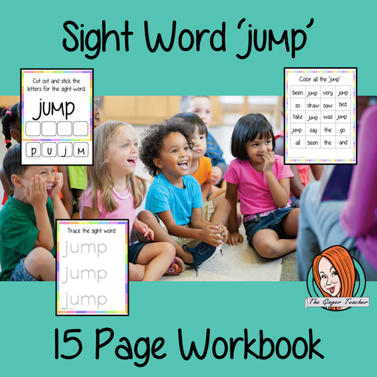 Sight word ‘jump’ 15 page workbook. Contains pages to learn the fry sight word 'jump’, for learning the high frequency words. Contains handwriting practice, word practice, spelling and use in sentences. #sightwords # frywords #highfrequencywords