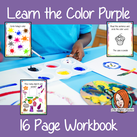 Color ‘Purple’ 16 Page Workbook  Help your children practice recognizing and writing the color purple, with 16 pages of activities to select and color.     The 16 pages contain, object coloring, tracing, spelling the color word and picking out the purple objects.