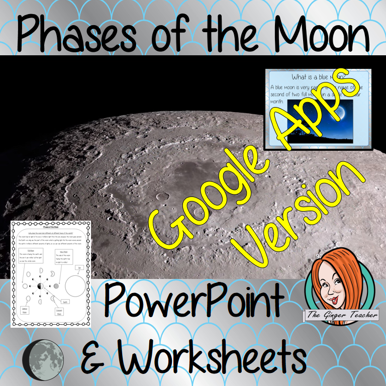 Distance Learning Phases of the Moon Google Slides Lesson     Teach your class about the moon phases of the lunar cycle.  This lesson includes a detailed 29 slide Moon schedule presentation explaining the Phases of the Moon. It covers the important parts of the lunar phases and the moon cycle movement; the names of the different phases of the moon in order; how they happen; waning and waxing; a blue moon and some general phases of the moon facts.     This is the Google Slides version of this lesson!  Unders