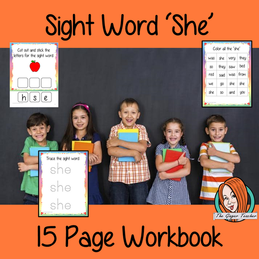 Sight Word ‘She’ 15 Page Workbook Help your children practice their sight words with 15 pages of activities to spell and use the sight word ‘She’ in sentences.     The 15 pages contain, handwriting practice, tracing and spelling the word and sentence reading and construction.   