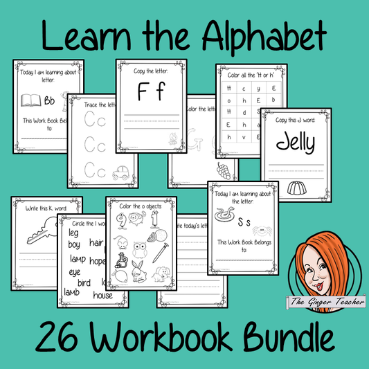 Alphabet Workbook Bundle 26 letter workbooks to help your children practice recognizing and writing the letters of the alphabet, with 15 pages of activities in each book. The 15 pages contain, object coloring, tracing the letter, spelling the word with initial sounds and picking out the initial sound objects. 