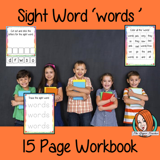 Sight Word ‘Words’ 15 Page Workbook Help your children practice their sight words with 15 pages of activities to spell and use the sight word ‘Words’ in sentences.     The 15 pages contain, handwriting practice, tracing and spelling the word and sentence reading and construction.   