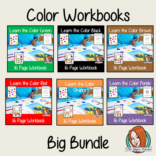 Color Workbook Bundle 10 different color workbooks to help your children practice recognizing and writing the colors, with 15 pages of activities in each book, to select and color. The 15 pages contain, object coloring, tracing, spelling the color word and picking out the colored objects. 