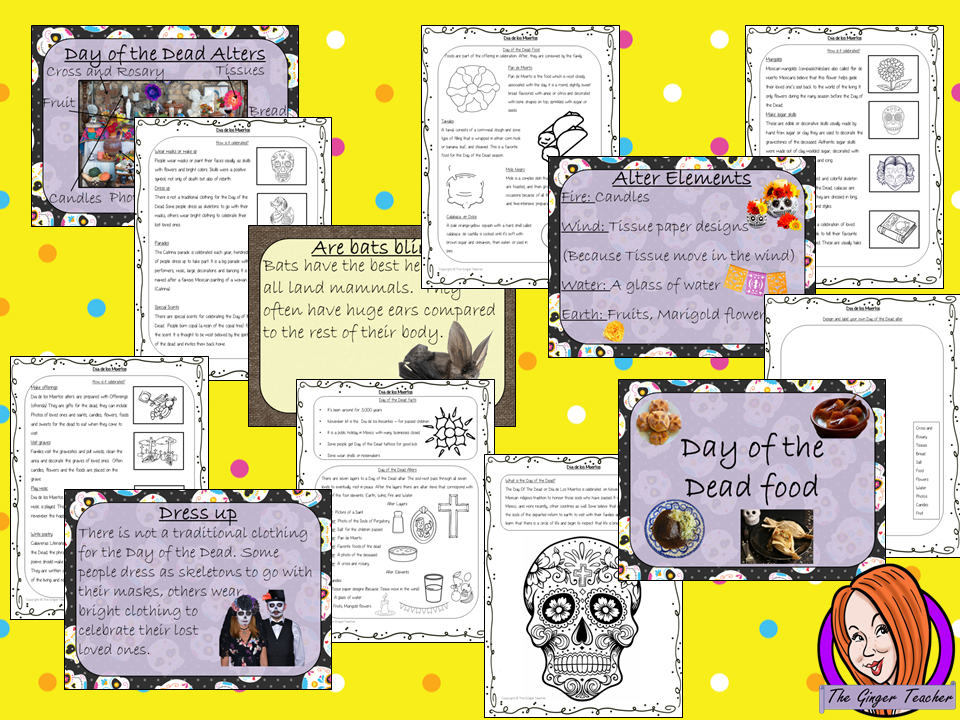 Day of the Dead Dia de los Muertos PowerPoint and Worksheets teach children about the festival of in one complete lesson. Detailed 45 slide PowerPoint on the celebrations fun traditional facts details about how it is celebrated, information about the food that is eaten and a look at the different parts of an altar. Differentiated 8 page worksheets so students demonstrate understanding great for teaching kids all about this Mexican celebration in your classroom. #teaching #dayofthedead