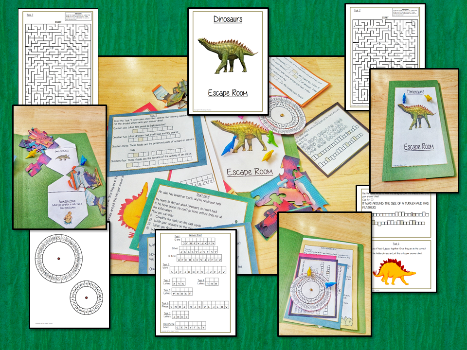 Dinosaurs Escape Room Game  Try this escape room style game with your students today! This is a fun game that is perfect for teaching children about Dinosaurs. This game focuses on students finding out facts and information and using these to solve puzzles. This helps them to learn.  This activity is great for the beginning of a topic to introduce information or at the end to recap.  Students are trying to help an alien understand Dinosaurs and they must solve a series of clues, as well as decode different 