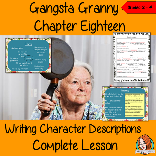 Writing Character Descriptions Gangsta Granny. Complete lesson on the 18th chapter of the book Gangsta Granny by David Walliams Children will read and discuss the chapter. There’s a PowerPoint to explain character descriptions. Children can then plan and write their own descriptions. There is also a short chapter summary sheet for children to complete to reflect on the chapter. You will need a copy of the book; everything else is included #lessonplans #bookstudy #teachingideas #readingactivities