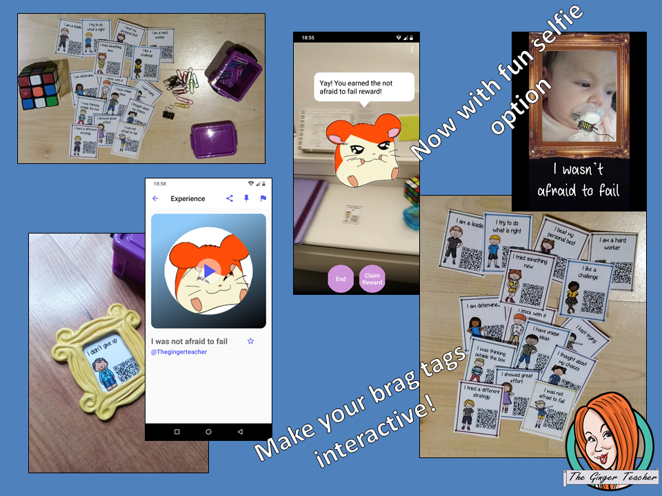 Interactive Classroom growth mind set Reward Tags (brag tags) Give you class something to brag about! These reward tags can be printed and used in your classroom download the free Metaverse AR (augmented reality) app Scan the code and a fun character will appear in your classroom to congratulate the kids! each tag has AR reward that the children collect also the option to take a reward selfie. #ar #augmentedreality #bragtags #rewardtag #awardtags #highschool #growthmindset