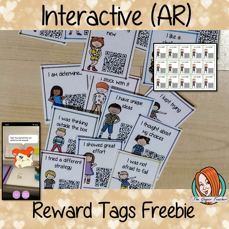 Interactive Classroom freebie Reward Tags (brag tags) Give you class something to brag about! These reward tags can be printed and used in your classroom download the free Metaverse AR (augmented reality) app Scan the code and a fun character will appear in your classroom to congratulate the kids! each tag has AR reward that the children collect also the option to take a reward selfie. #ar #augmentedreality #bragtags #rewardtag #awardtags #highschool #growthmindset