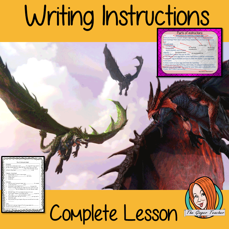 Complete Lesson on Writing Instructions Related to Dragons. Children watch and discuss the pet dragon video. PowerPoint for children’s understanding of instruction writing. The class write instructions together and the children plan and write their own using the writing frame and success criteria included For lower ability children a scaffold instruction cloze sheet. #lessonplans #dragon #teachingideas #instructions