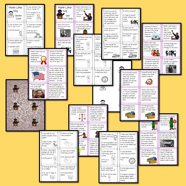 Martin Luther King Fact and Question Cards 42 short fact and 42 short question cards about Martin Luther King Jr. are perfect for Black History Month in your classroom. used for quick revision or as part of a game. I like to replace the normal question cards with these to increase the fun! There are colored and black and white versions included. #teaching #resources #historylessons #martinlutherking #mlk #blackhistorymonth