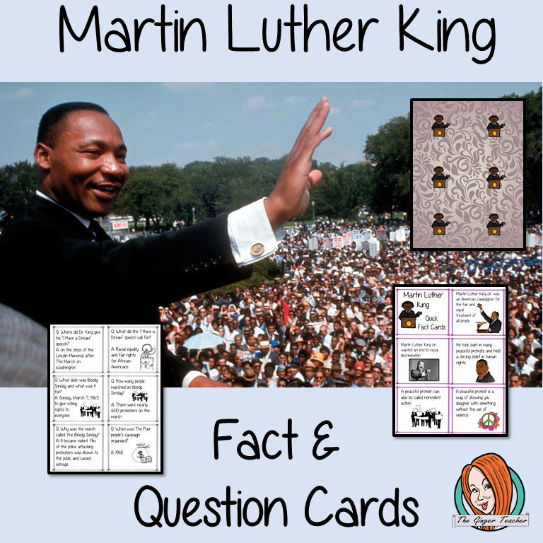 Martin Luther King Fact and Question Cards 42 short fact and 42 short question cards about Martin Luther King Jr. are perfect for Black History Month in your classroom. used for quick revision or as part of a game. I like to replace the normal question cards with these to increase the fun! There are colored and black and white versions included. #teaching #resources #historylessons #martinlutherking #mlk #blackhistorymonth