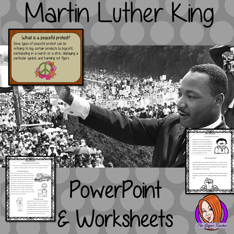 Martin Luther King PowerPoint and Worksheets Lesson Fun history lesson to teach children about Martin Luther King Jr. Perfect for Black History Month in your classroom, make teaching about peaceful protests and black history fun and engaging. Great lesson with many facts and activities for your kids to enjoy. #lessonplanning #teaching #resources #historylessons #historyplanning #martinlutherking #mlk #blackhistorymonth