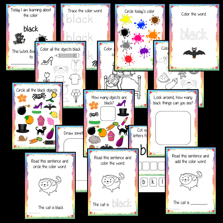 Color ‘Black’ 16 Page Workbook Help your children practice recognizing and writing the color black, with 16 pages of activities to select and color.     The 16 pages contain, object coloring, tracing, spelling the color word and picking out the black objects.