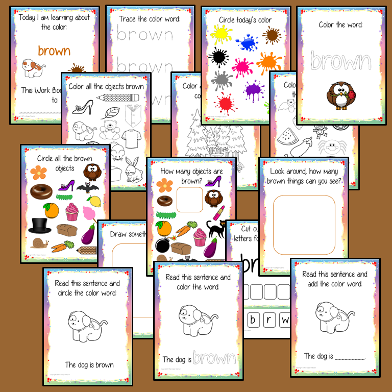 Color ‘Brown’ 16 Page Workbook Help your children practice recognizing and writing the color brown, with 16 pages of activities to select and color.     The 16 pages contain, object coloring, tracing, spelling the color word and picking out the brown objects.