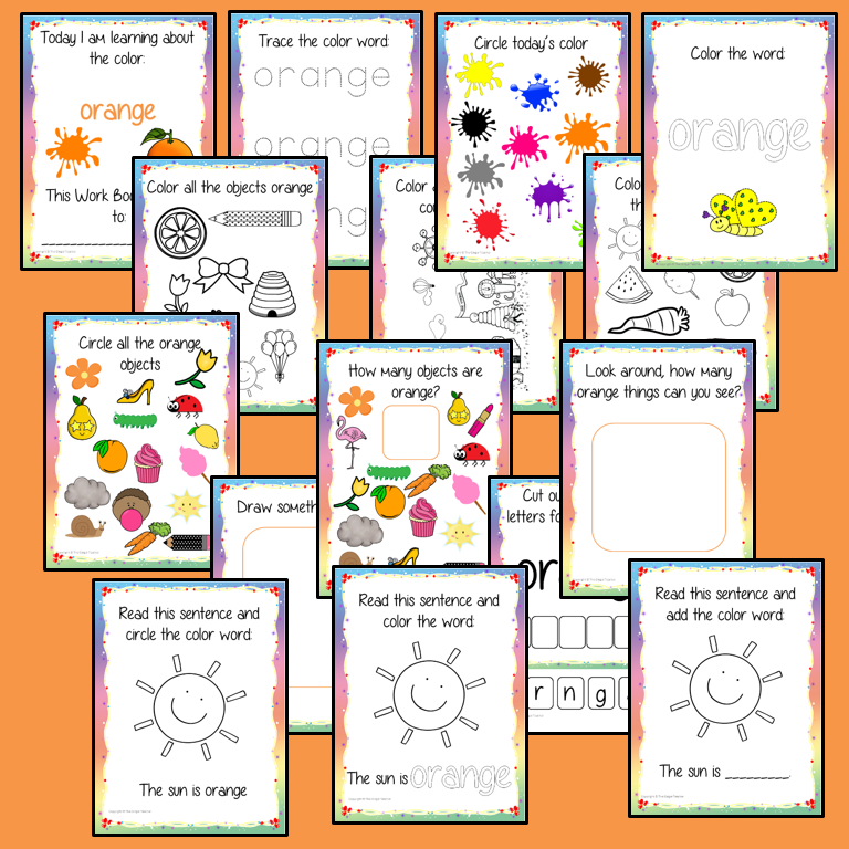 Color ‘Orange’ 16 Page Workbook Help your children practice recognizing and writing the color orange, with 16 pages of activities to select and color.     The 16 pages contain, object coloring, tracing, spelling the color word and picking out the orange objects.