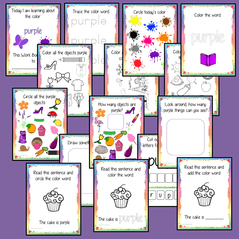 Color ‘Purple’ 16 Page Workbook  Help your children practice recognizing and writing the color purple, with 16 pages of activities to select and color.     The 16 pages contain, object coloring, tracing, spelling the color word and picking out the purple objects.