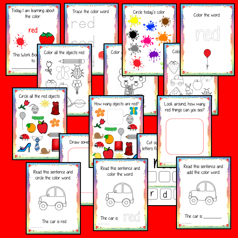Color ‘Red’ 16 Page Workbook Help your children practice recognizing and writing the color red, with 16 pages of activities to select and color.     The 16 pages contain, object coloring, tracing, spelling the color word and picking out the red objects.