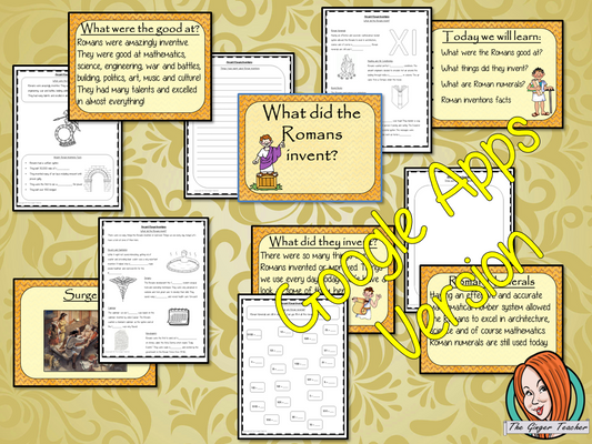 Distance Learning Ancient Romans Inventions Google Slides Lesson   Teach children about Ancient Romans and their Inventions. This is a complete lesson to teach children about the different inventions of the Ancient Romans.  The children will learn the types of things the Romans invented, what they were good at and practice using Roman numerals. There is a detailed 28 slide presentation and four versions of the 6-page worksheet to allow children to show their understanding.  This is the Google Slides version