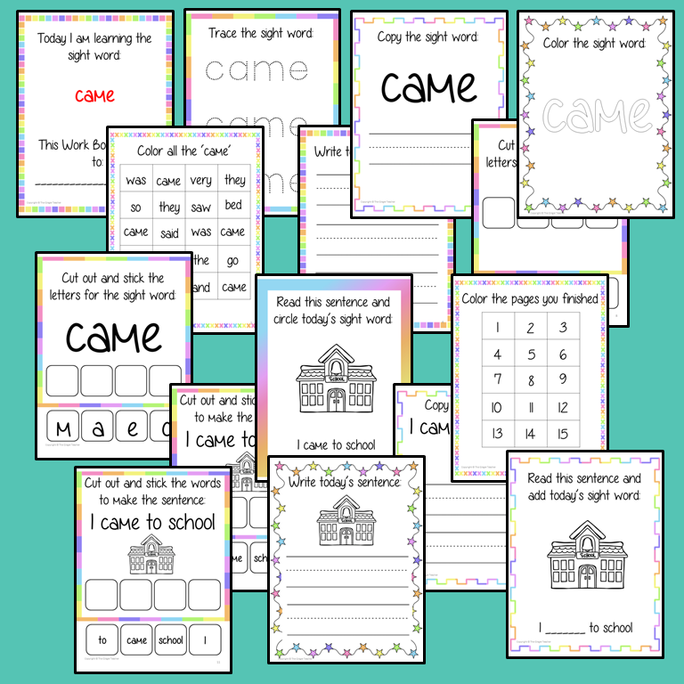 Sight word ‘came’ 15 page workbook. Contains pages to learn the fry sight word ‘came’, for learning the high frequency words. Contains handwriting practice, word practice, spelling and use in sentences. #sightwords # frywords #highfrequencywords