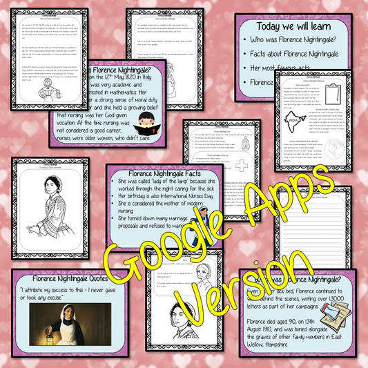 Distance Learning Florence Nightingale Google Slides Lesson  Fun history lesson to teach children about Florence Nightingale. Bring the lady with the lamp into your classroom, make teaching about nursing and nurse history fun and engaging. Great lesson with many facts and activities for your kids to enjoy. This lesson includes a detailed 23 slide presentation explaining all about Florence Nightingale. It covers the important parts of her life; who she was; interesting facts about her; brief summary of her m