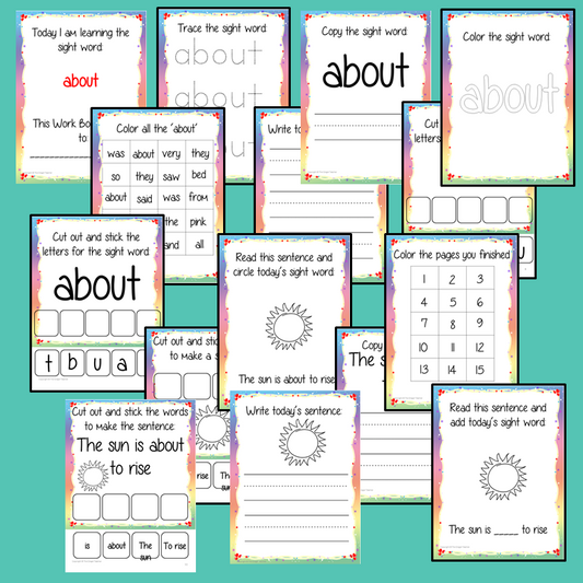 Sight Word ‘About’ 15 Page Workbook Help your children practice their sight words with 15 pages of activities to spell and use the sight word ‘About’ in sentences.     The 15 pages contain, handwriting practice, tracing and spelling the word and sentence reading and construction.