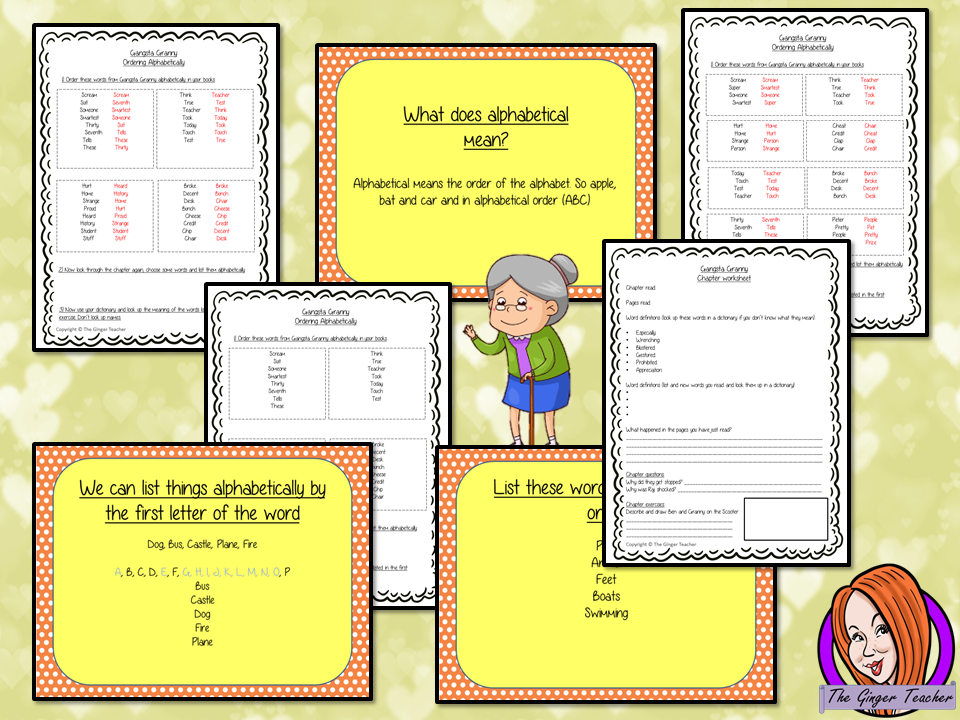 Complete Lesson on Dictionary Work - Gangsta Granny. Complete lesson on dictionary work, using the 23rd chapter of the book Gangsta Granny. Children will read and discuss the chapter, there is a PowerPoint to explain ordering alphabetically and some sample questions to practice, before they try to answer questions independently. There is also a short chapter summary sheet for children to complete to reflect on the chapter read. #lessonplans #bookstudy #teachingideas #readingactivities