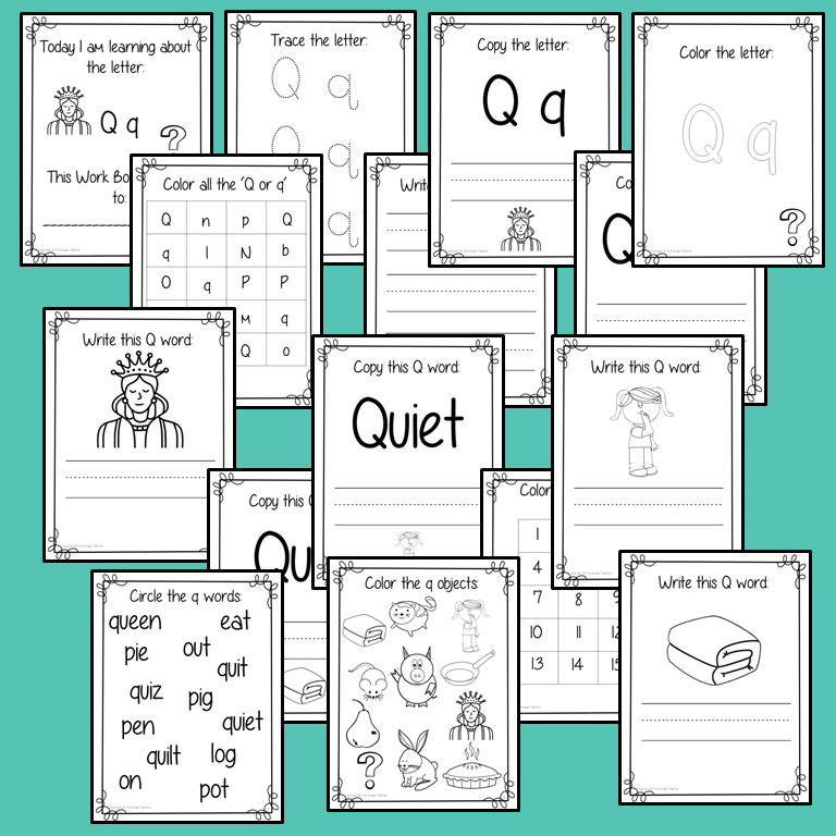 Alphabet Book Letter Q    Help your children practice recognizing and using Q, with 15 pages of activities.     The 15 pages contain, copying, tracing, writing, coloring, reading and spotting the letter and sound Q      