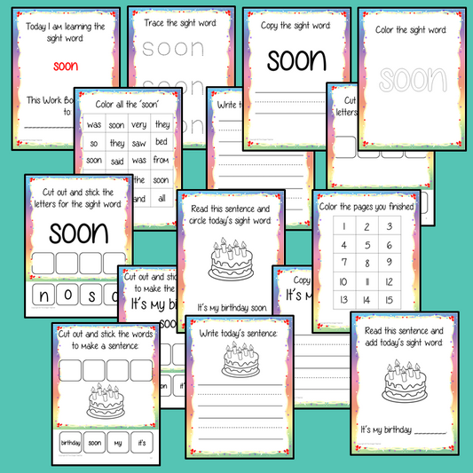 Sight word ‘soon’ 15 page workbook. Contains pages to learn the fry sight word ‘soon’, for learning the high frequency words. Contains handwriting practice, word practice, spelling and use in sentences. #sightwords # frywords #highfrequencywords