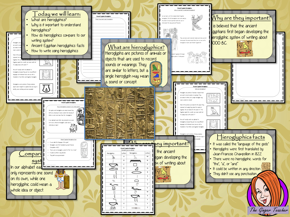 Ancient Egyptian Hieroglyphics - Complete History Lesson.  The children will learn what they were, why are they are important and one look at the difference between our writing system and theirs. There is a detailed 22 slide PowerPoint and four versions of the 6-page worksheet to allow children to show their understanding, along with an activity to write in hieroglyphics. #lessonplanning #ancientegyptians #egyptians #teaching #resources #historylessons #historyplanning