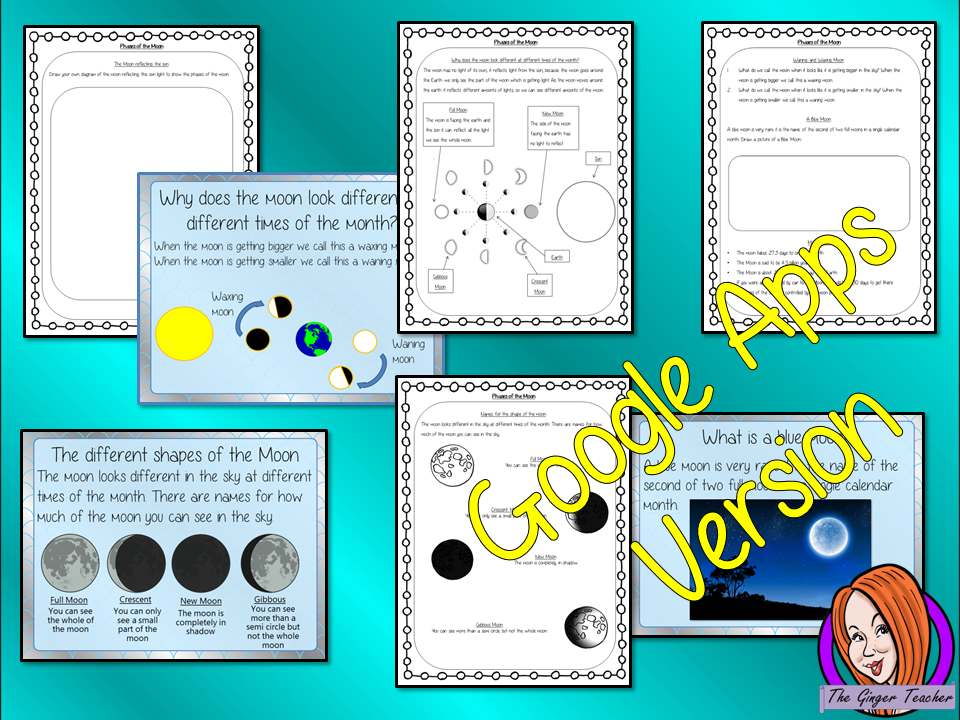 Distance Learning Phases of the Moon Google Slides Lesson     Teach your class about the moon phases of the lunar cycle.  This lesson includes a detailed 29 slide Moon schedule presentation explaining the Phases of the Moon. It covers the important parts of the lunar phases and the moon cycle movement; the names of the different phases of the moon in order; how they happen; waning and waxing; a blue moon and some general phases of the moon facts.     This is the Google Slides version of this lesson!  Unders