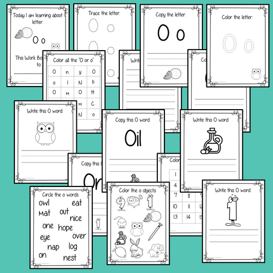 Alphabet Book Letter O    Help your children practice recognizing and using O, with 15 pages of activities.     The 15 pages contain, copying, tracing, writing, coloring, reading and spotting the letter and sound O      