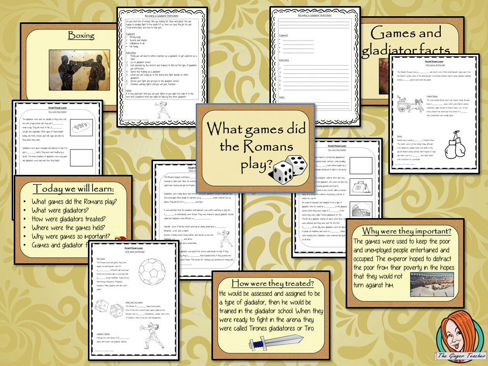 Ancient Roman Games and Gladiators Complete History Lesson Teach children about Ancient Roman Games. resources lesson to teach children about the types of games why they were important and the life of gladiators. 37 slide PowerPoint and 4 versions of the 8-page worksheet to show their understanding, along with an activity to write instructions for becoming a Roman gladiator. #lessonplanning #ancientromans #romans #teaching #resources #historylessons #historyplanning